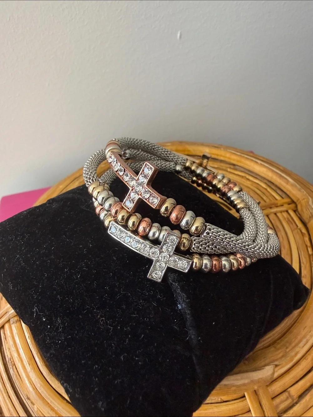 Silver Tone Coil Bracelet with 3 Rhinestone Crosses & Tri Color Beads.